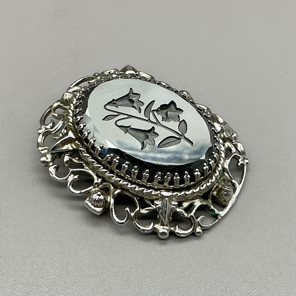 Vintage Brooch Silver Tone Oval Floral Cutout Filigree Flower Ornate Pin 2"